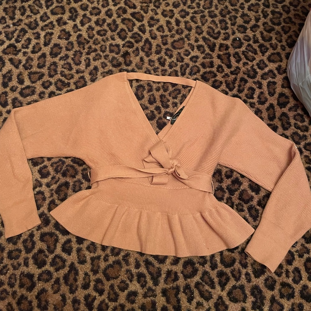 Camel Peplum Tie Waist Sweater